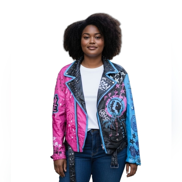 Rebel Stylish Women's Pink and Blue Leather Jacket XL - Picture 1 of 9